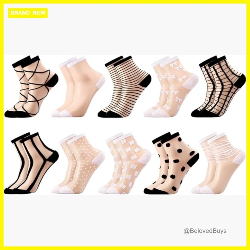 10 Pairs Sheer Ankle Socks, Striped Plaid Mesh Dot Bow Designs, Elastic